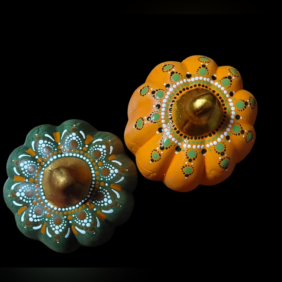Two Handpainted Pumpkins Mandala Boho Fall Decor - Picture 5 of 9